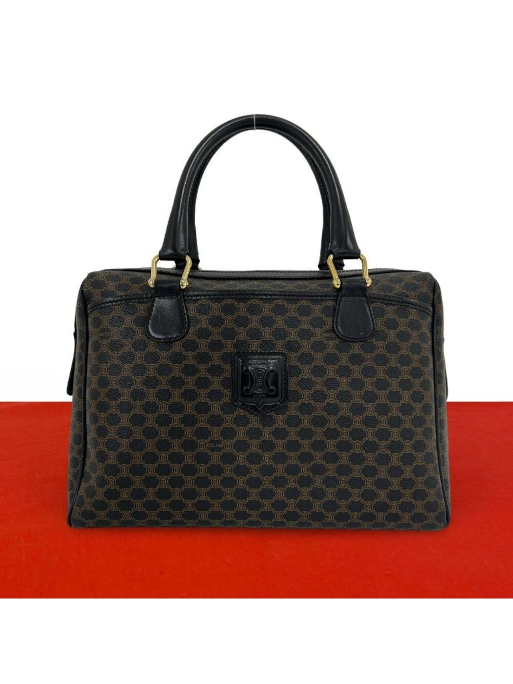 Celine Macadam Blason Pattern Triomphe Logo Leather Boston Bag Black Brown